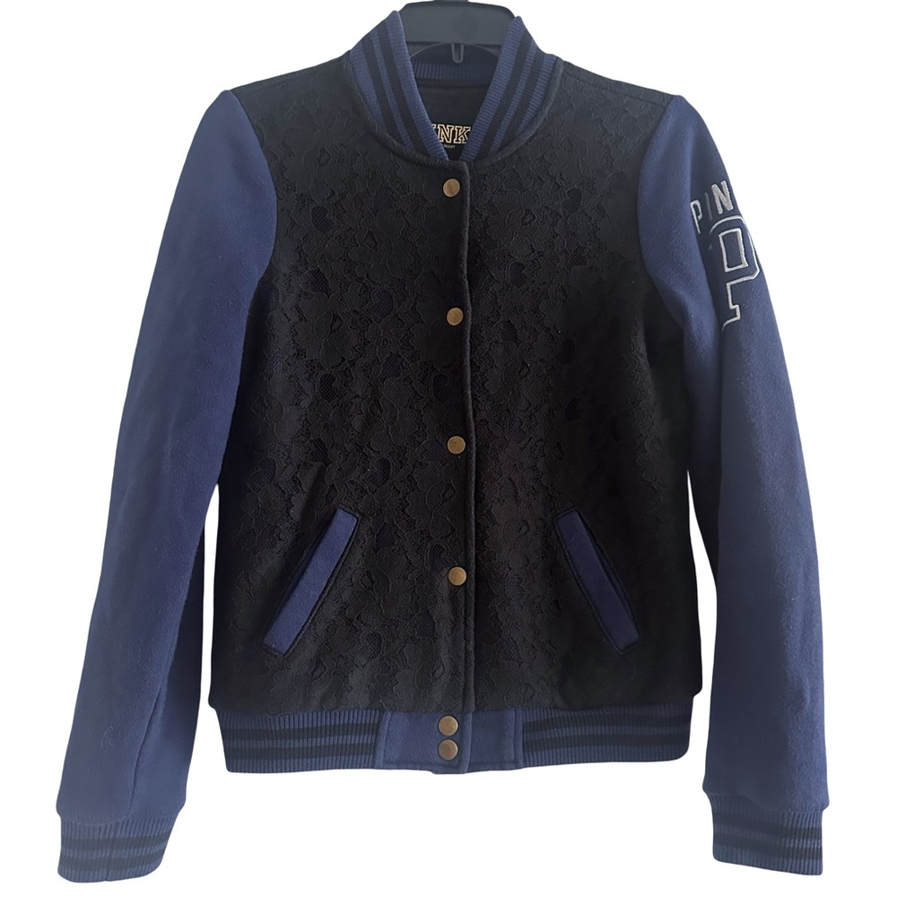 PINK Victoria's Secret Limited Edition Navy Blue Varsity Jacket with Black Lace